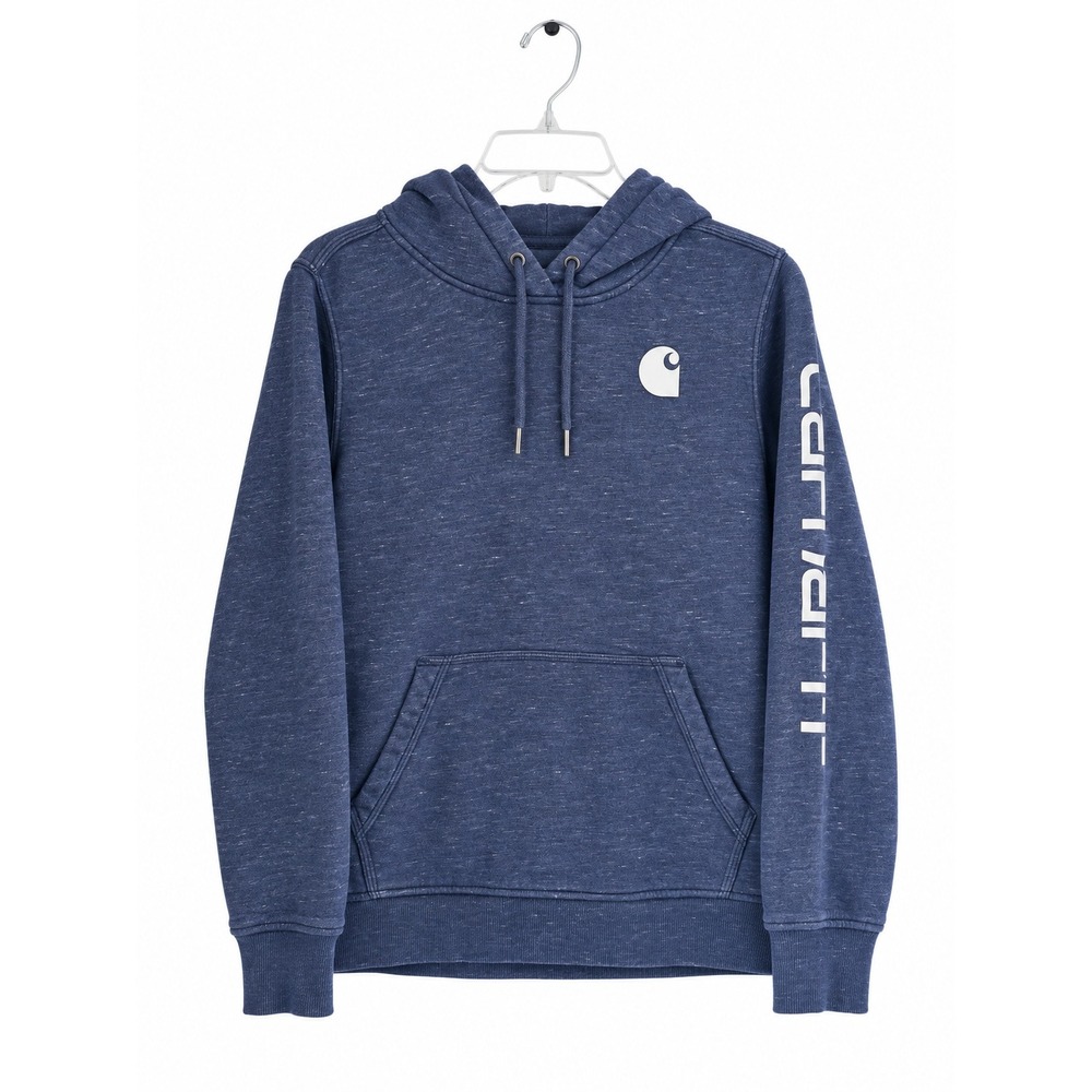 Carhartt Relaxed Fit Blue Heathered Logo Sleeve Hoodie Sweatshirt Womens M 8/10